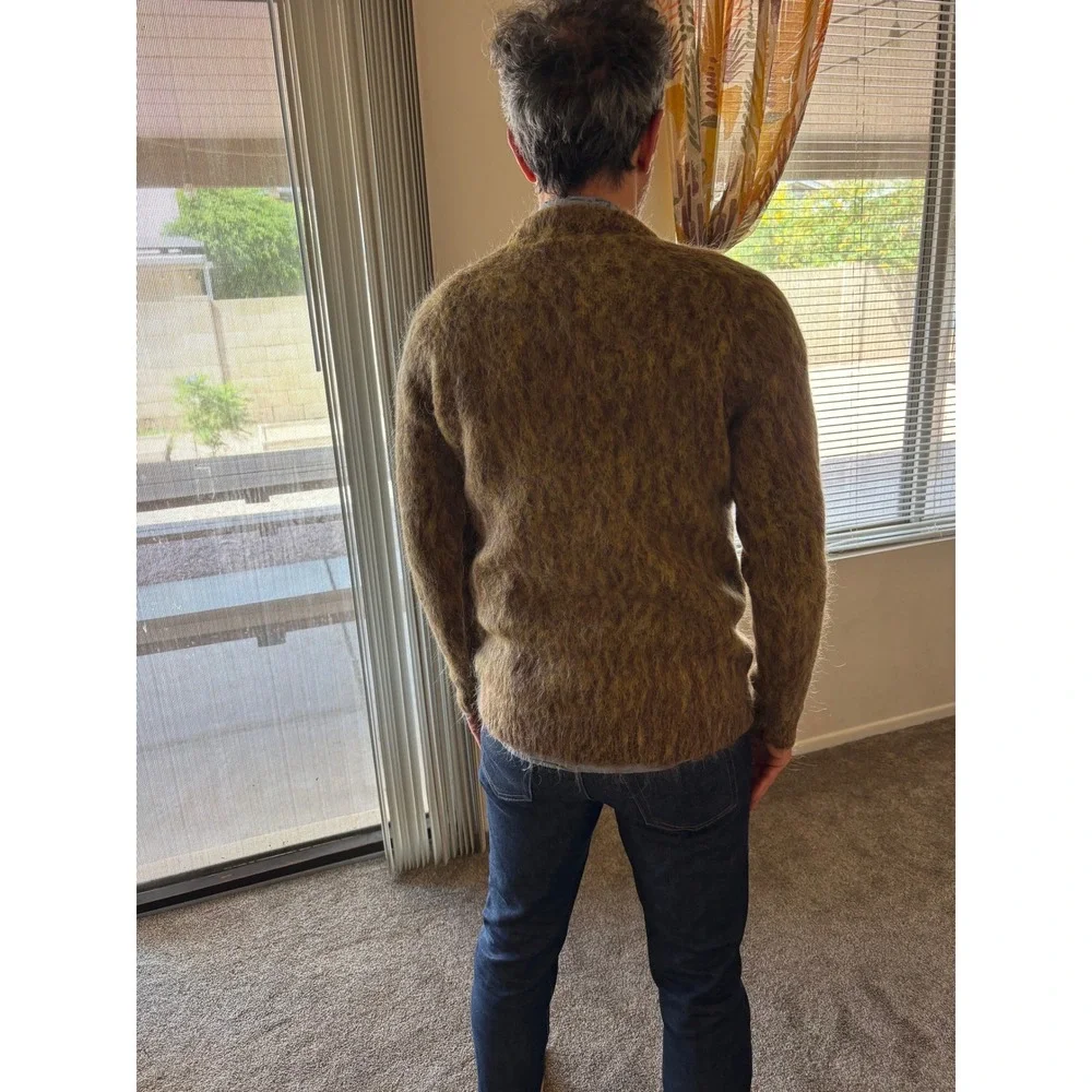 New With Tag Vintage Fuzzy Hairy Mohair V Neck Sweater  Olive Moss Mustard - Picture 6 of 9